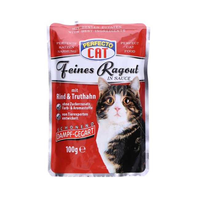 Perfecto Cat Feines Ragout Katzenfutter 100 g Beutel Rind und Truthahn