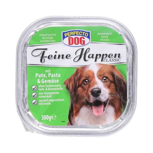 Perfecto Dog Feine Happen Hundefutter 300 g Aluschale  Pute, Pasta und Gemüse