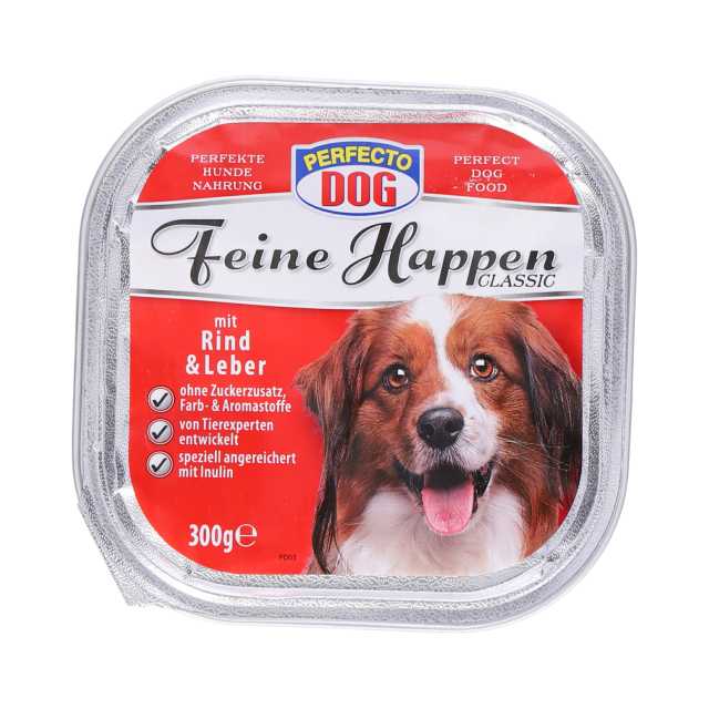Perfecto Dog Feine Happen Hundefutter 300 g Aluschale Rind und Leber