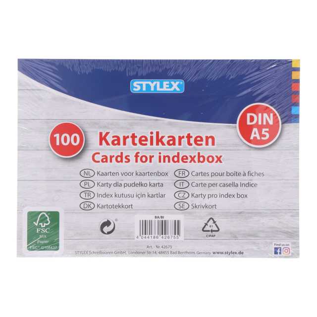 Stylex ® Karteikarten DIN A5 linert, weiß, 100 Stück