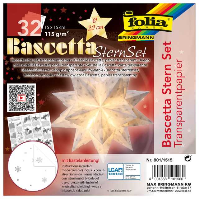 folia® Bascetta Stern-Set 15 x 15 cm 115 g/m² weiß/transparent mit Schneeflocken 32 Blatt