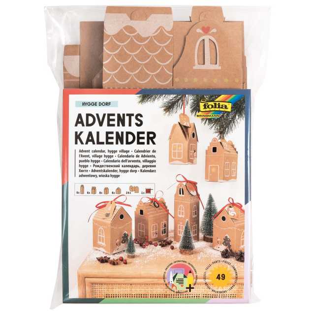 folia® Hygge Dorf Adventskalender-Set mit 24 lebensmittelechten Tüten & Zubehör 49teilig