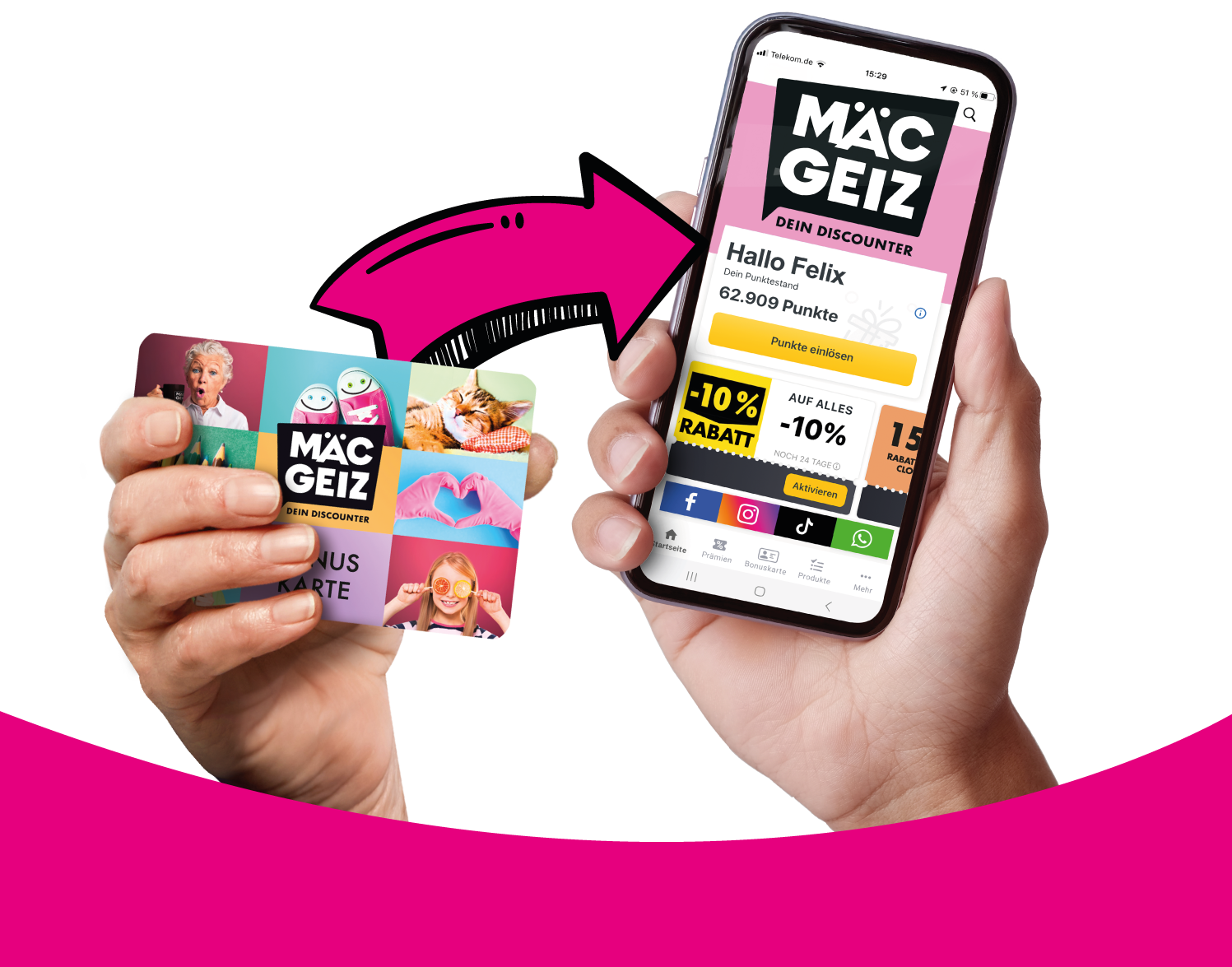 Hände mit Smartphone in der Hand und die Mäc-Geiz-App geöffnet.