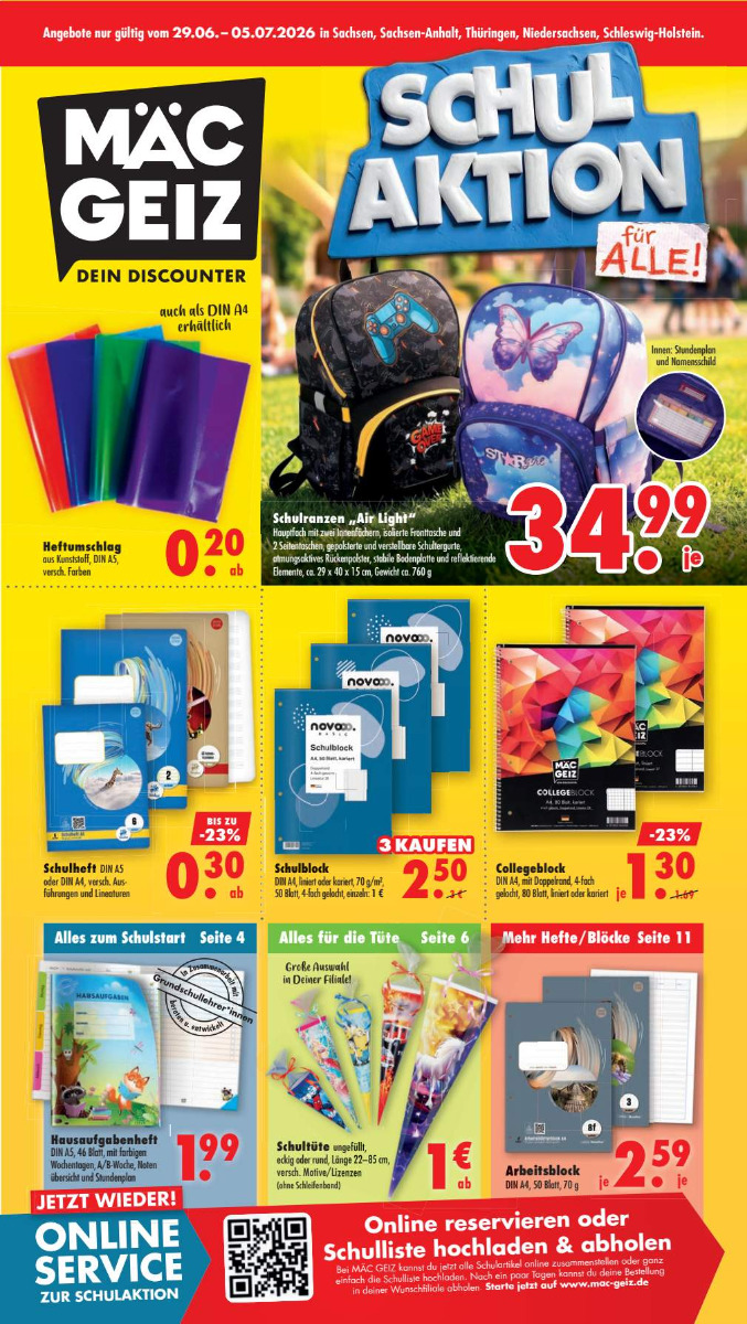 Schulaktion Kalenderwoche 27 2026, gültig ab 29.06.2026